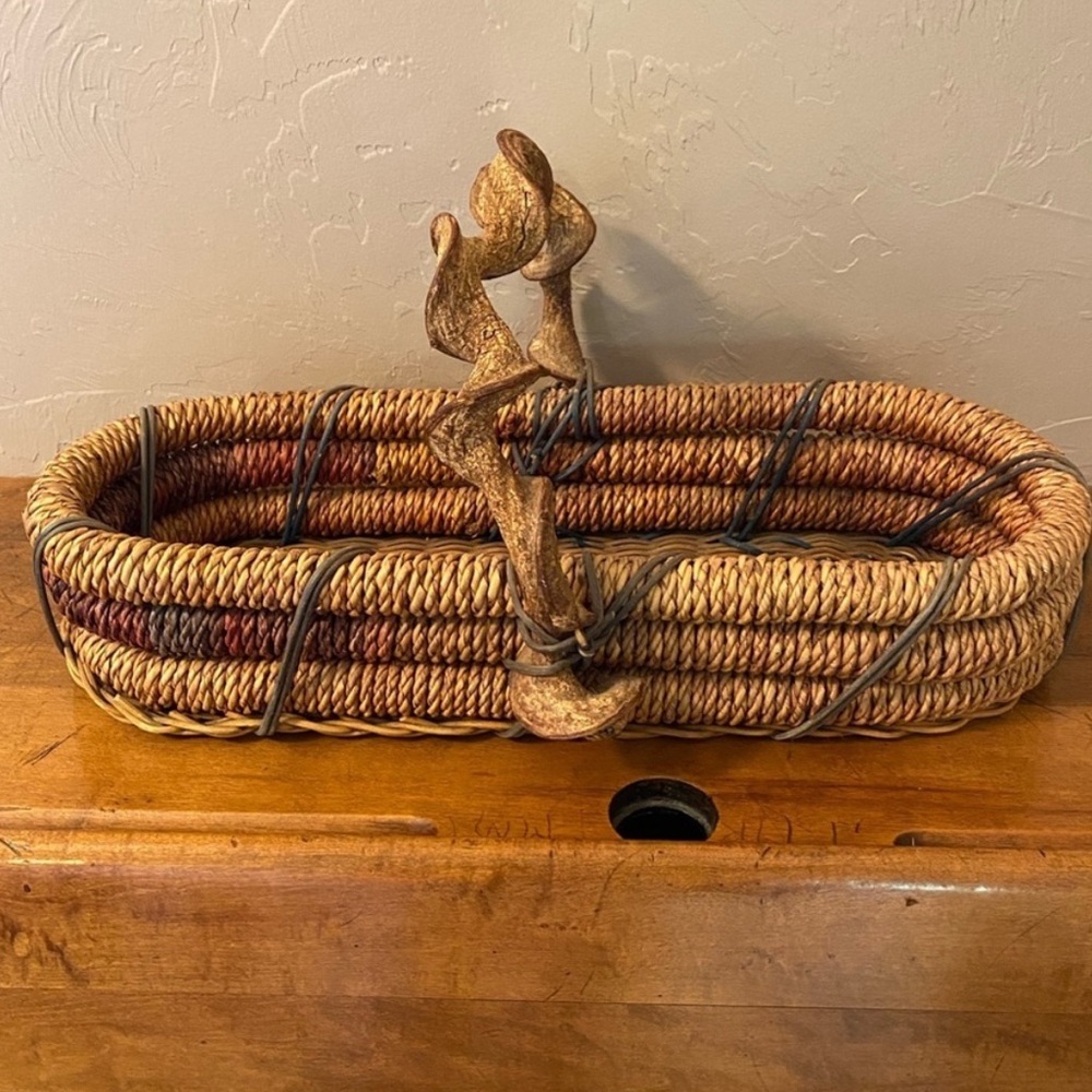 Vintage Woven Oval Basket Carved Wood Handle